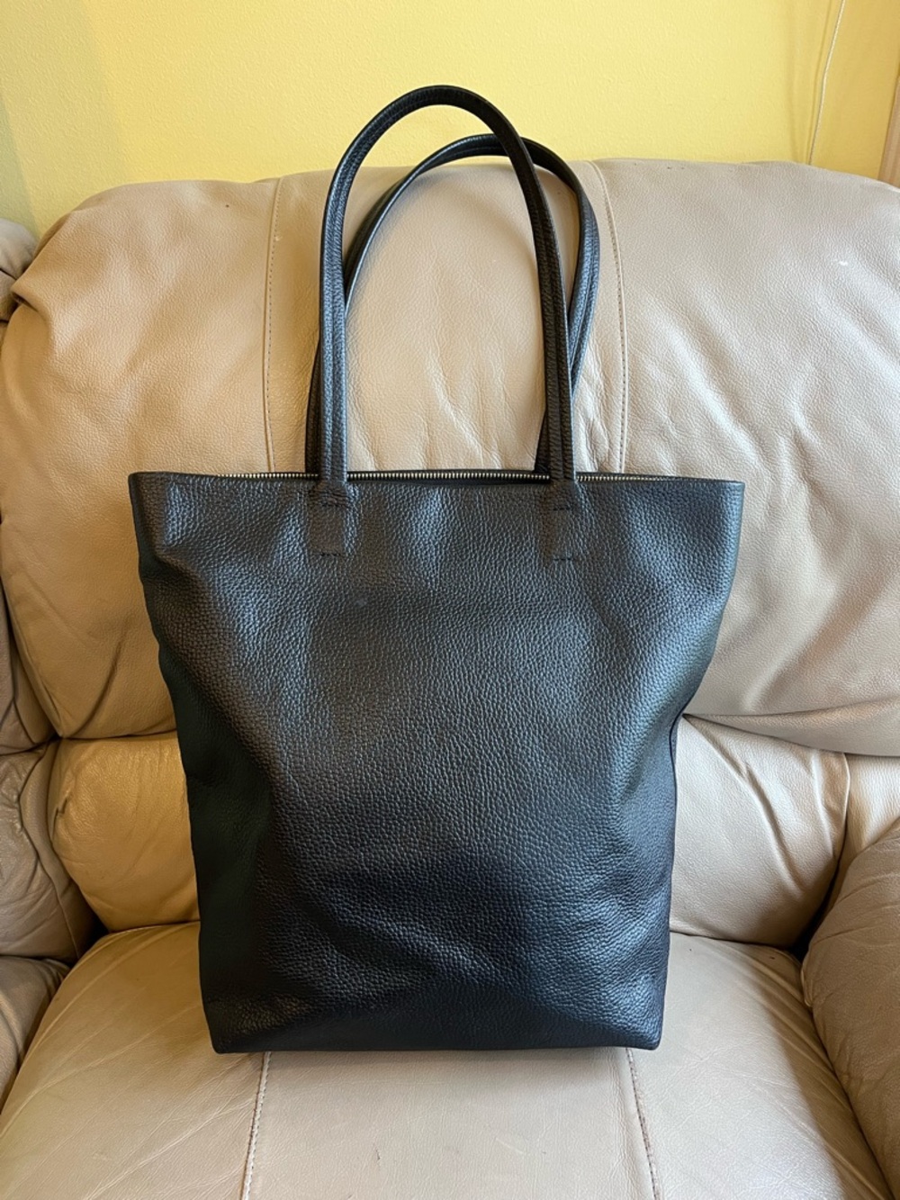 Quince Black Tall Leather Tote with Gold Zipper